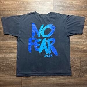 Vintage Black 1990s Single Stitch No Fear Graphic Tee; Blue 'NO FEAR' Text